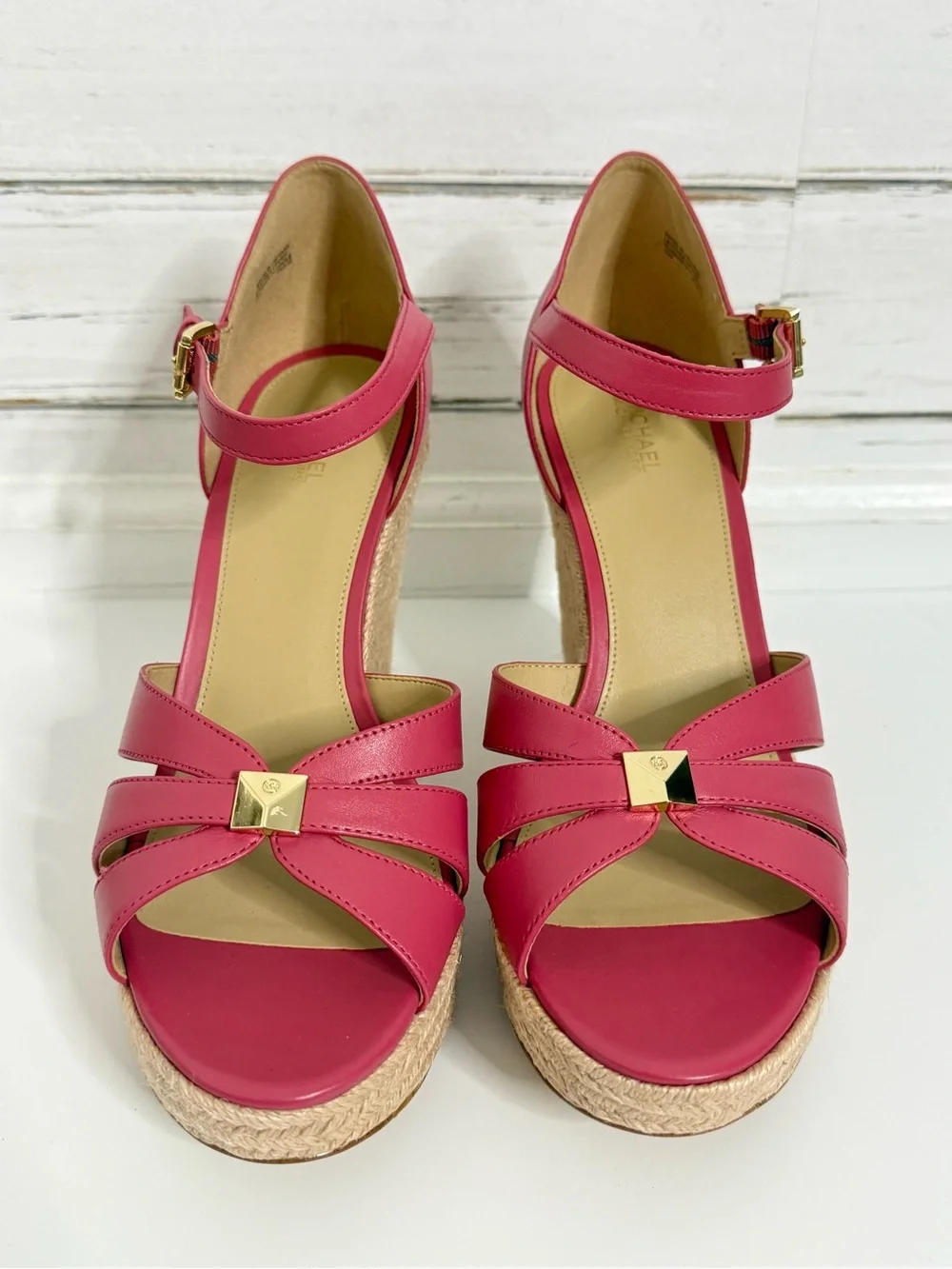 Michael Kors Coral Pink Leather Espadrille Wedge Sandals Ankle Strap Size 10
